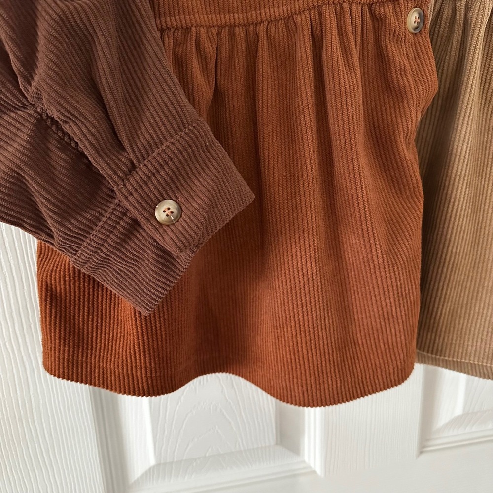 New In Colorblock Corduroy Peplum Shirt Brown Tan Button Women's Sm fits M L - Picture 3 of 7